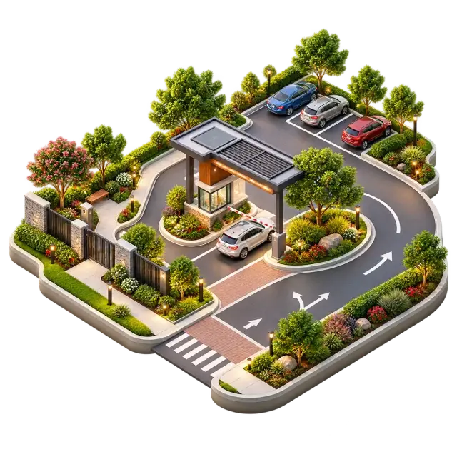 Purva Skye residential arrival with internal driveway, pedestrian path and planted edges