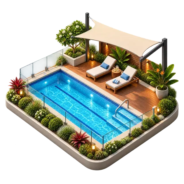 Purva Skye swimming pool with leisure deck, seating and planted surroundings