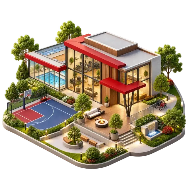 Purva Skye community clubhouse with gathering pavilion, outdoor seating and landscaped edges