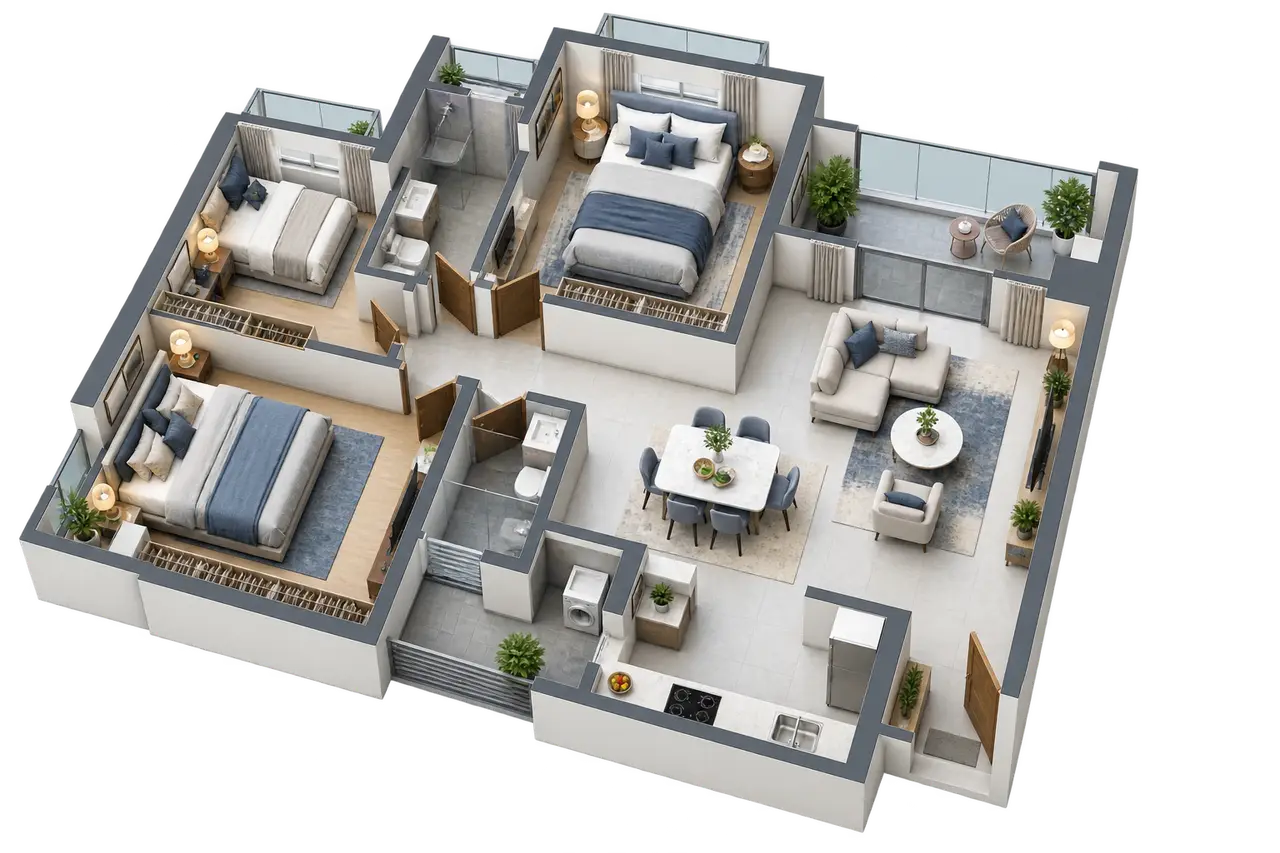 Purva Skye 3 BHK layout study floor plan image
