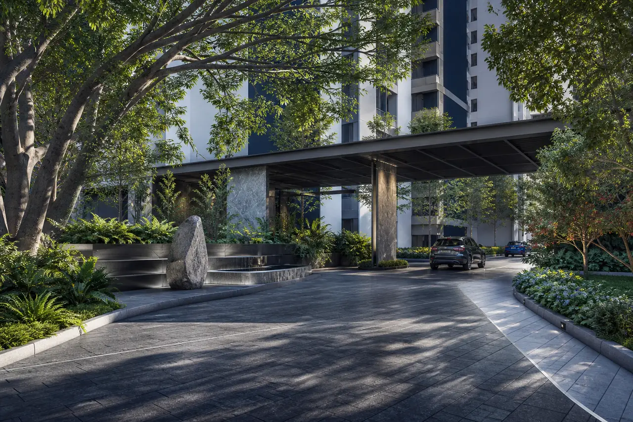 Contemporary residential arrival court at a two-tower community
